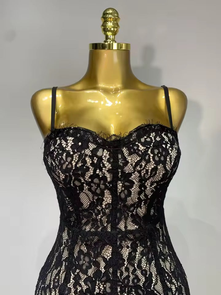 Midnight Lace Bandage Midi Dress