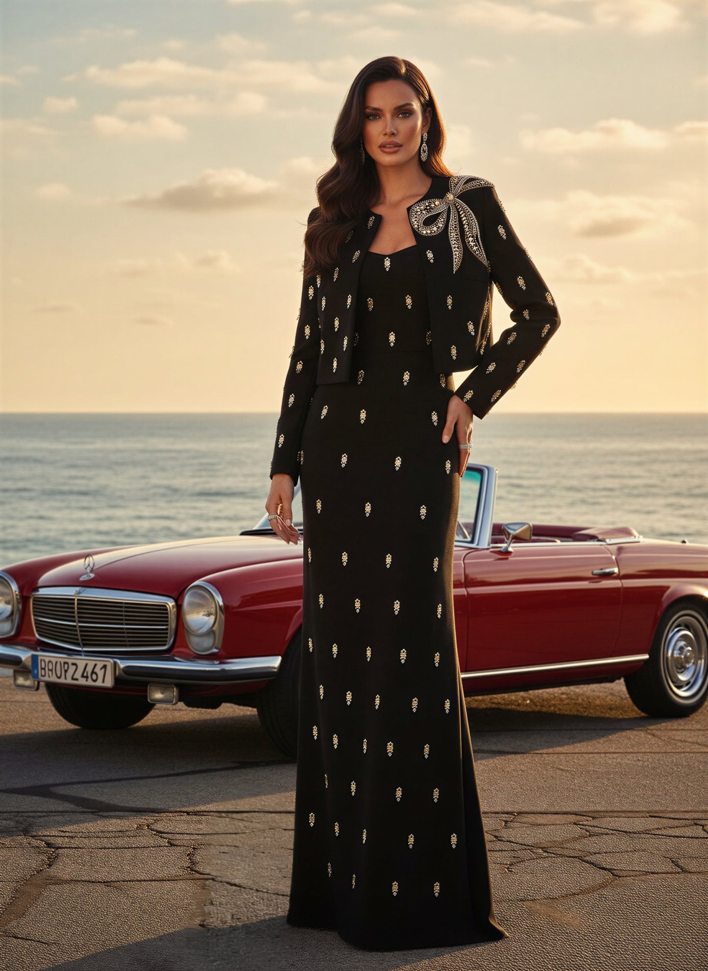 Embellished Maxi Dress with Cropped Jacket