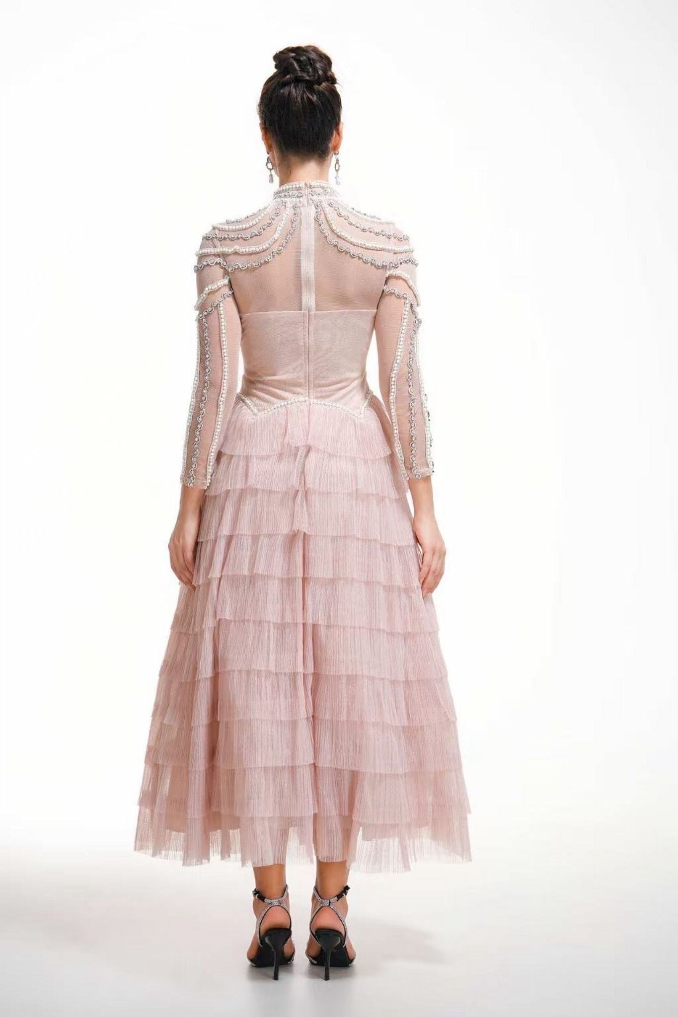 Blush Embellished Tiered Tulle Evening Dress
