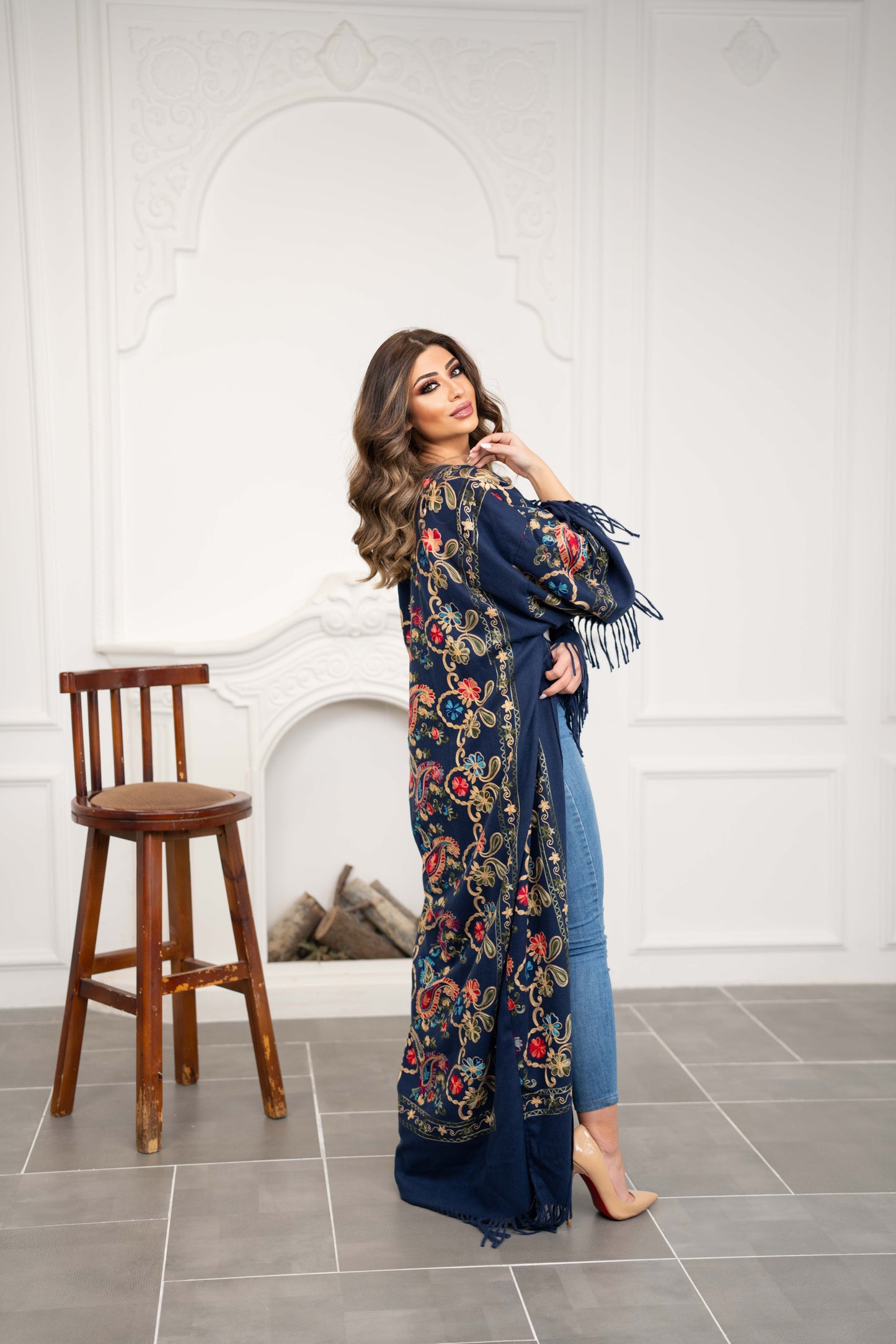 Embroidered Wool Abaya in Navy color