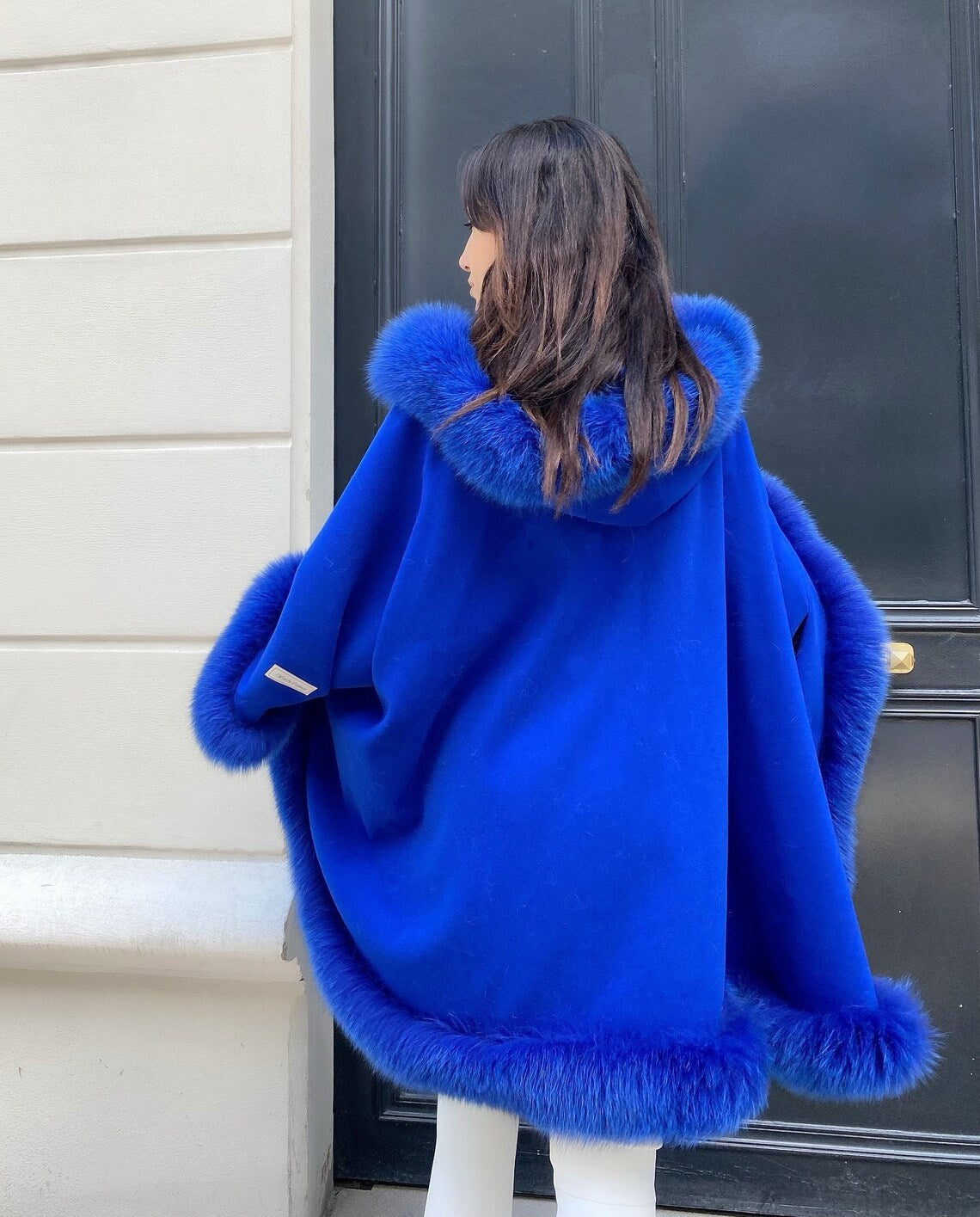 FOX FUR CASHMERE PONCHO IN ROYAL BLUE