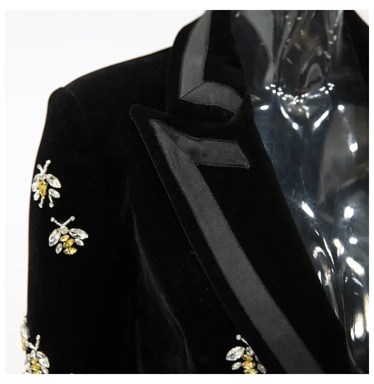 CRYSTAL EMBELLISHED BLACK VELVET BLAZER