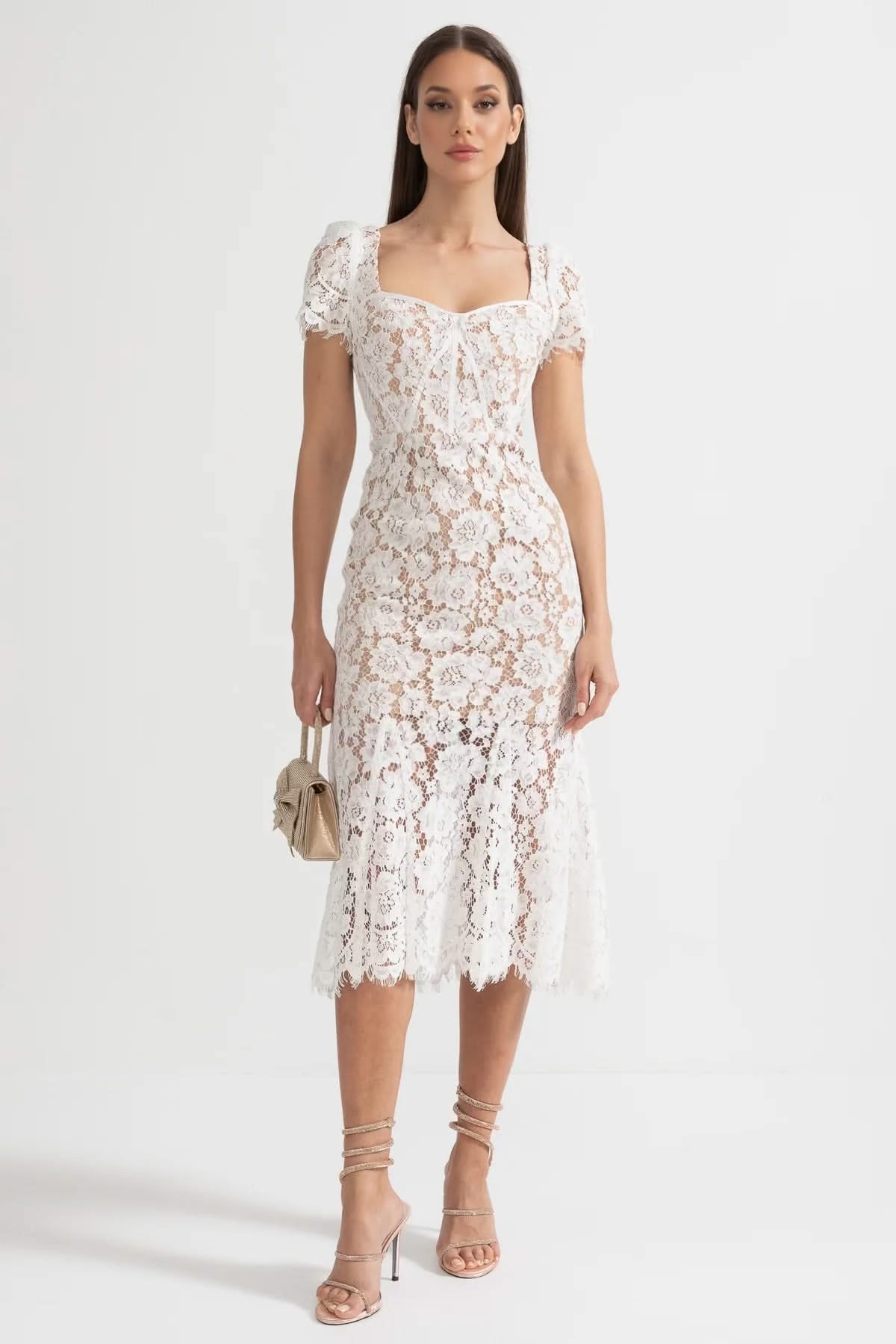 White Floral Lace Midi Dress
