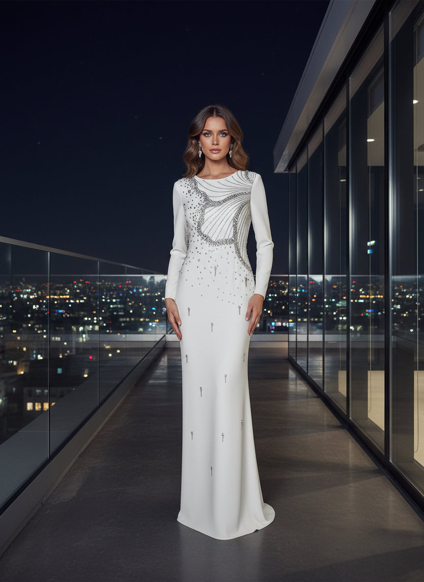 Crystal Beaded Long Sleeve Maxi Dress