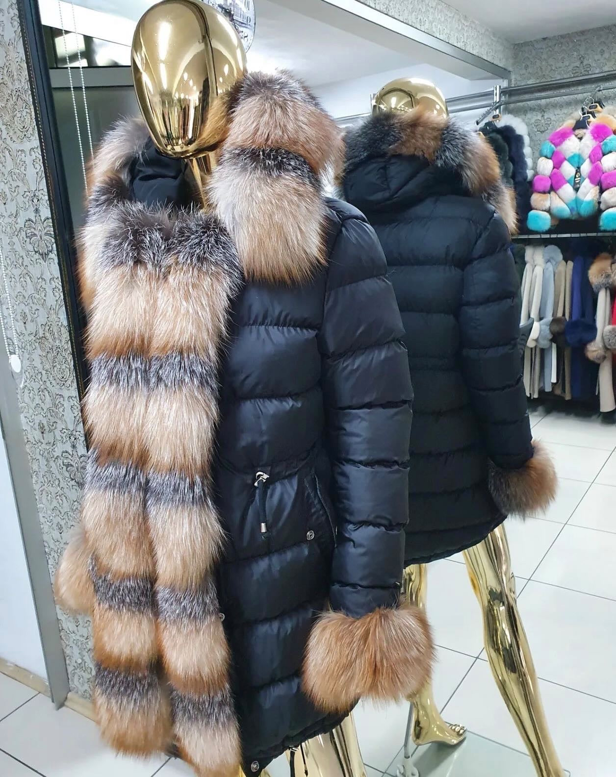 FOX FUR TRIM LONG DOWN JACKET IN BLACK