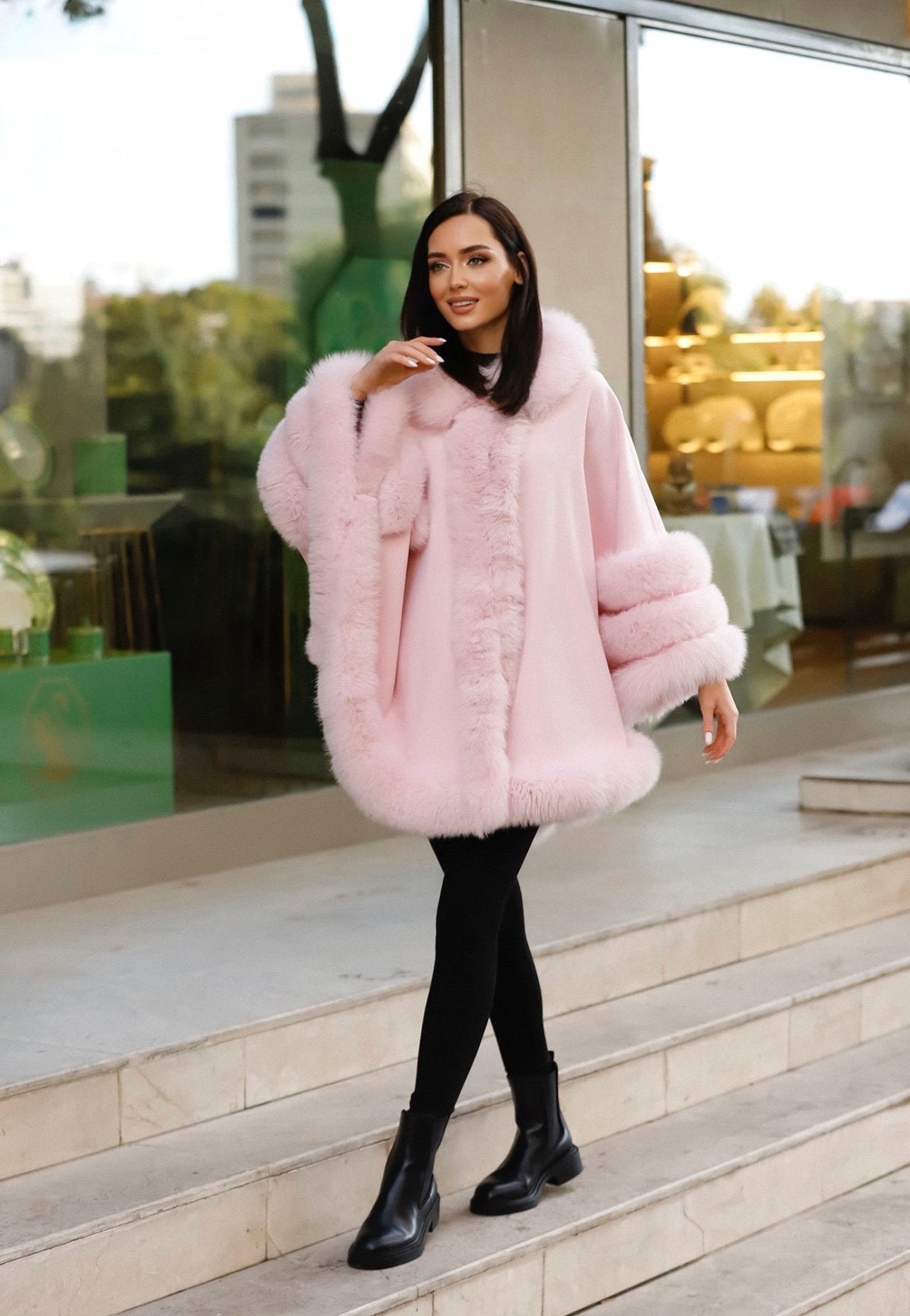 FOX FUR CASHMERE PONCHO IN PINK