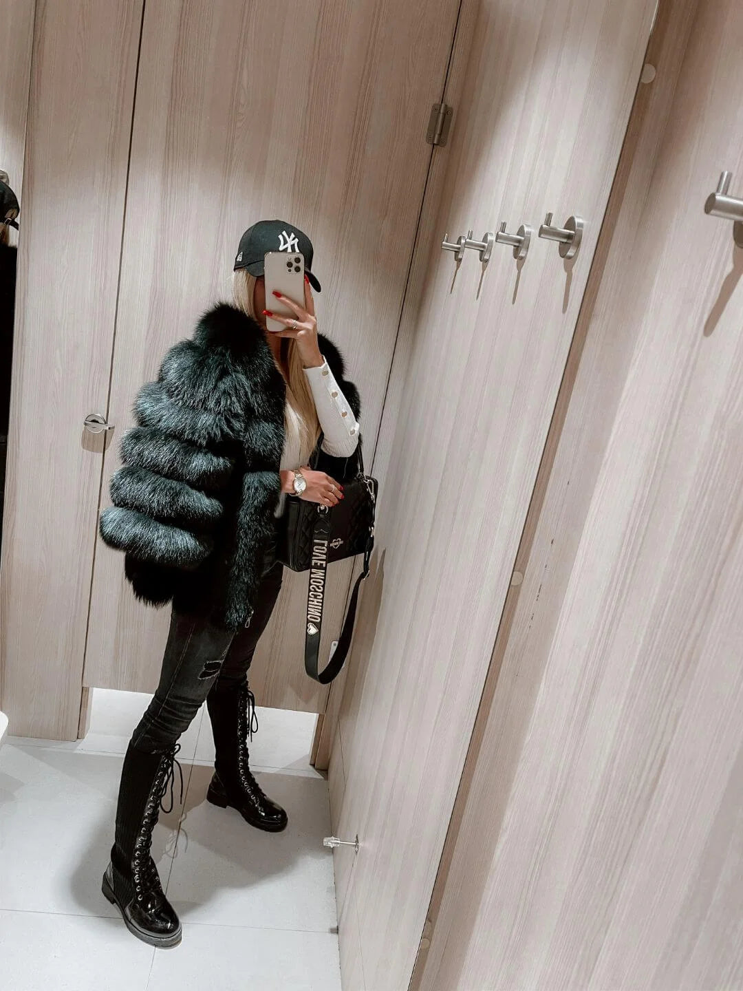 ADORABLE BLACK FOX FUR GENUINE LEATHER JACKET