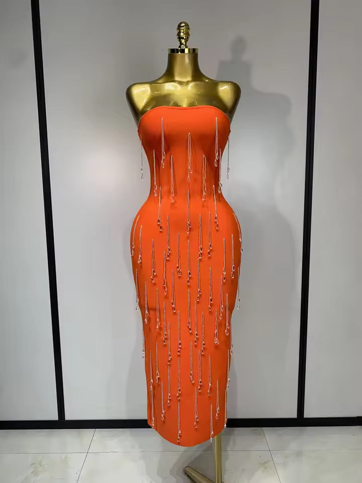 Orange Crystal Fringe Bandage Midi Dress