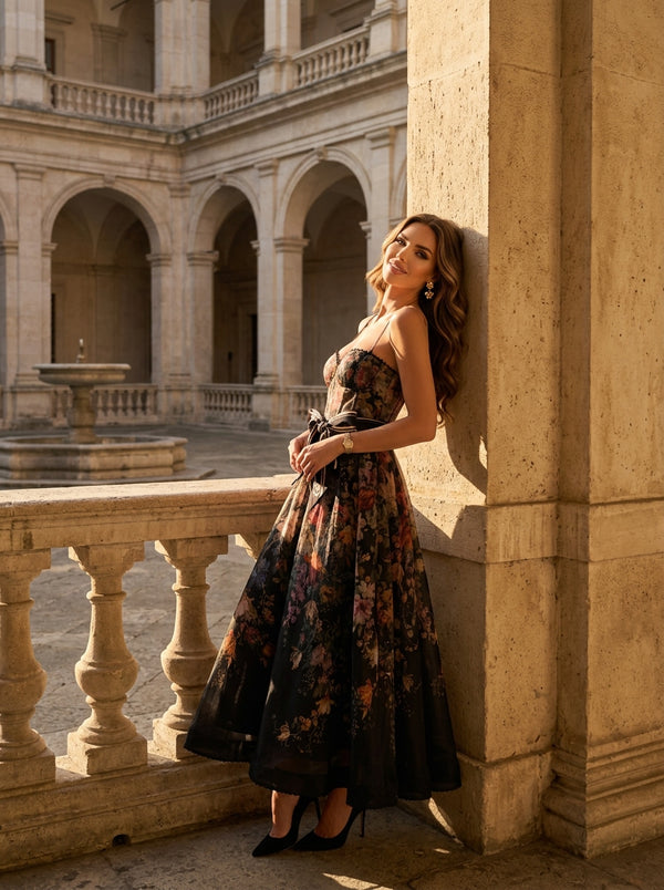 Midnight Floral Corset Maxi Dress with Bow