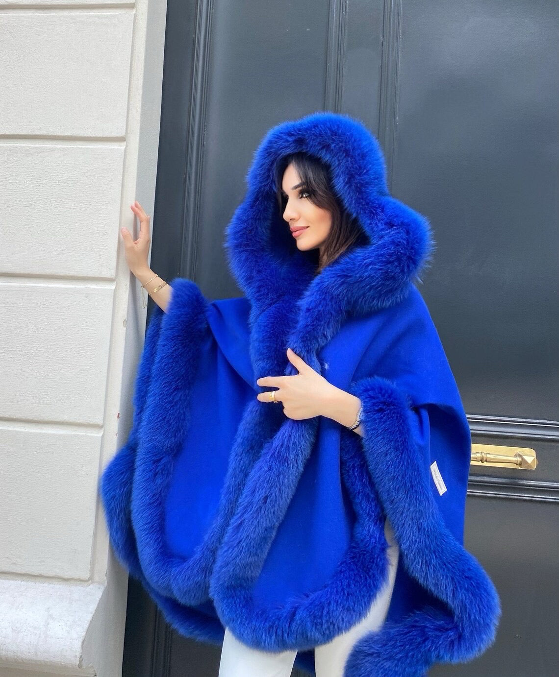 FOX FUR CASHMERE PONCHO IN ROYAL BLUE