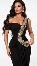 Black Crystal One-Shoulder Bandage Maxi Dress – Luxury Evening Gown