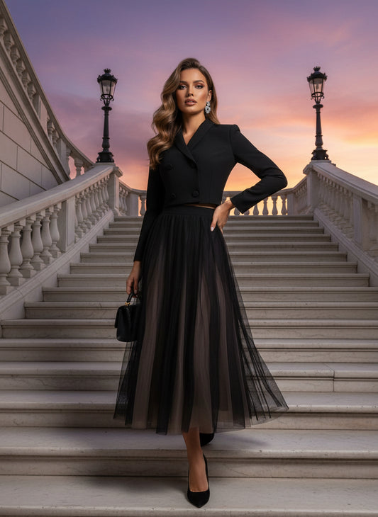 Polo Collar Knitted Mesh Dress Set