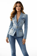Slim Fit Belted Patchwork Denim V-Neck Coat with Pockets