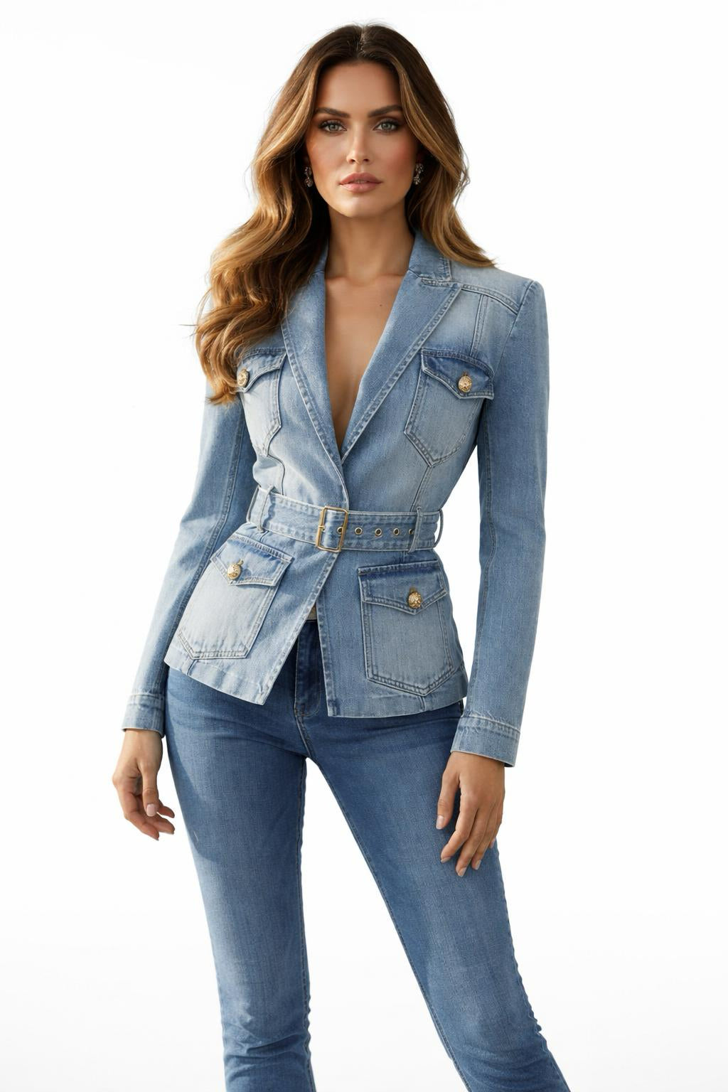 Slim Fit Belted Patchwork Denim V-Neck Coat with Pockets