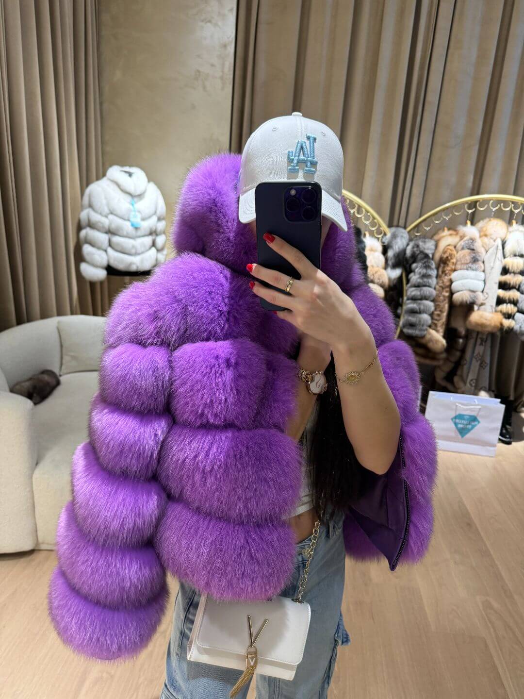 RANIA FOX FUR GENIUNE LEATHER JACKET IN PURPLE