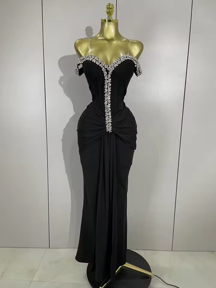 Crystal Embellished Off-Shoulder Maxi Dress – Black