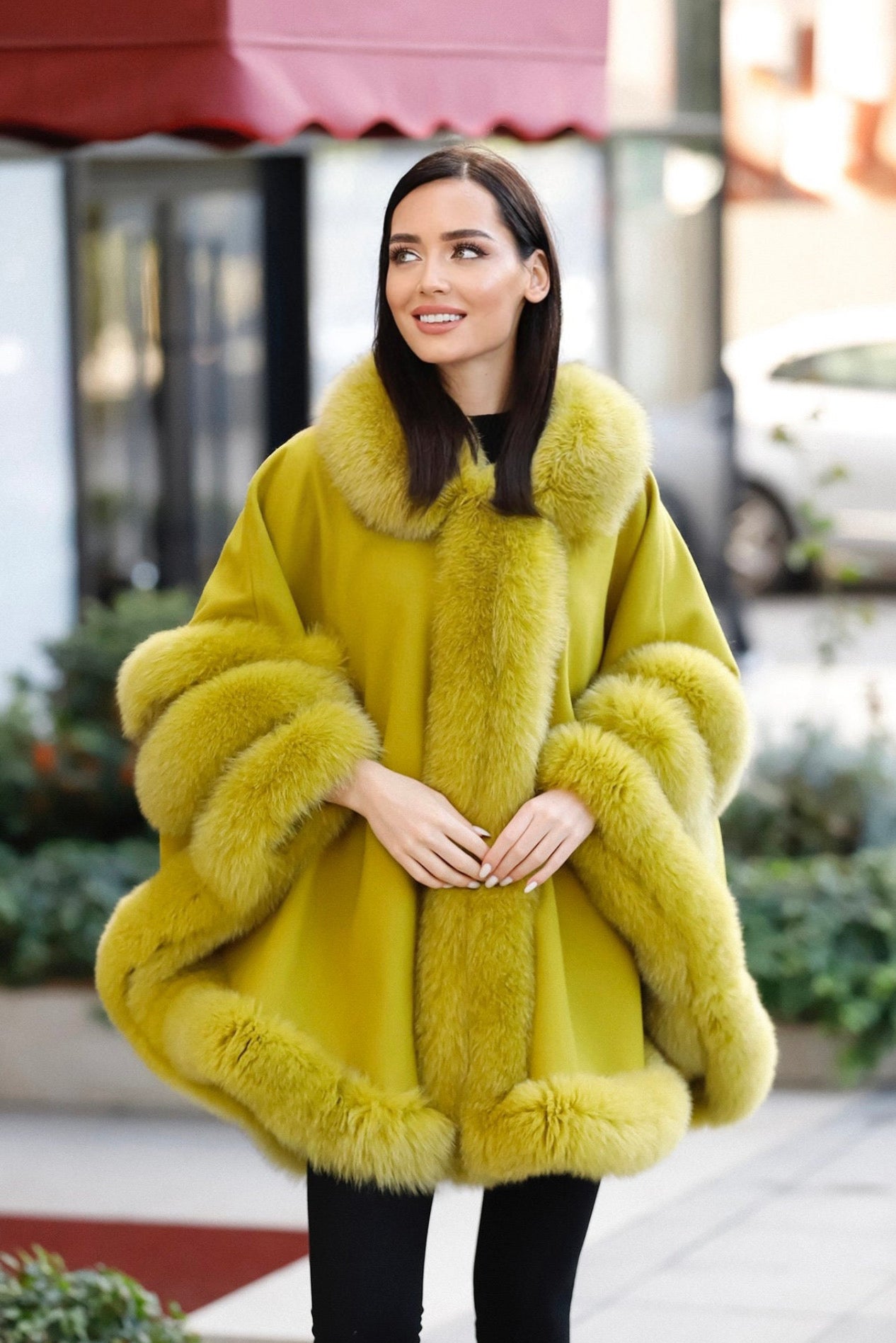 FOX FUR CASHMERE PONCHO IN MUSTARD