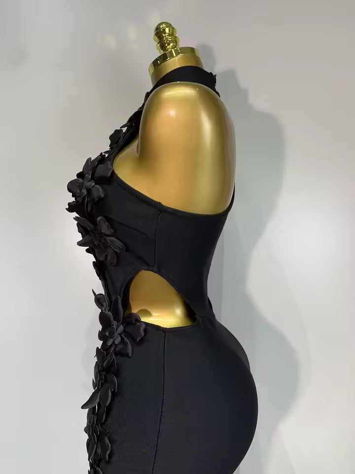 Floral Appliqué Halter Bandage Midi Dress