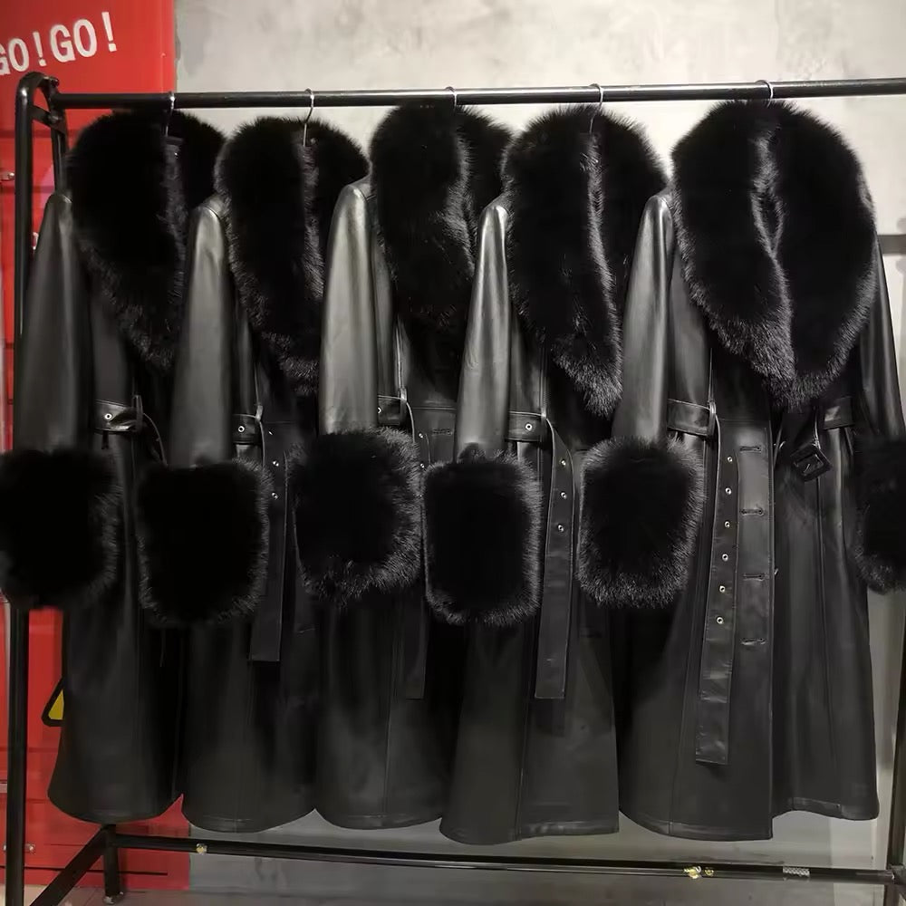 REAL FOX FUR AND GENUINE  LEATHER COAT IN BLACK COLOR