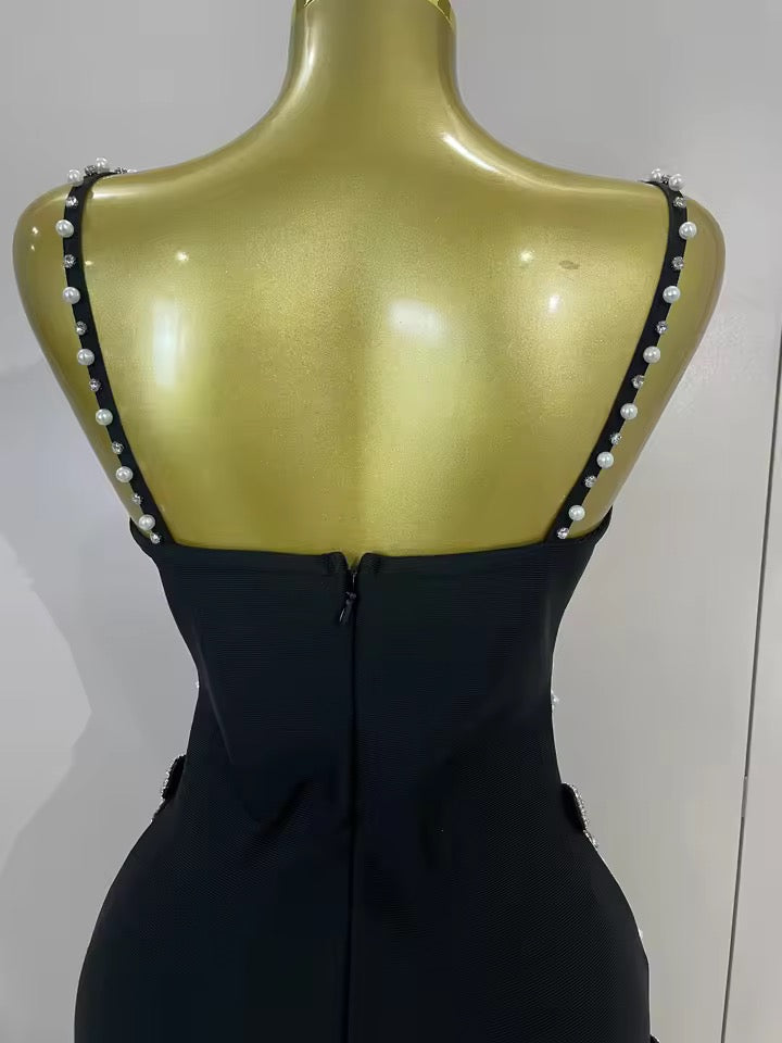 Black Pearl & Crystal Bow Mini Dress