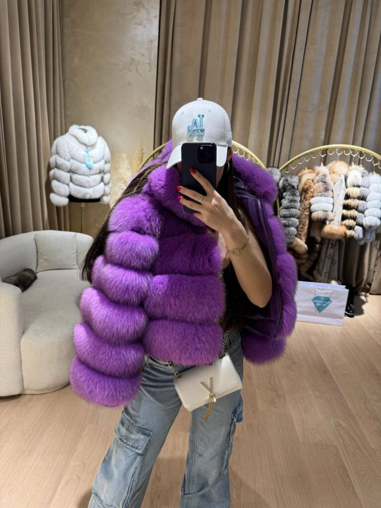 RANIA FOX FUR GENIUNE LEATHER JACKET IN PURPLE