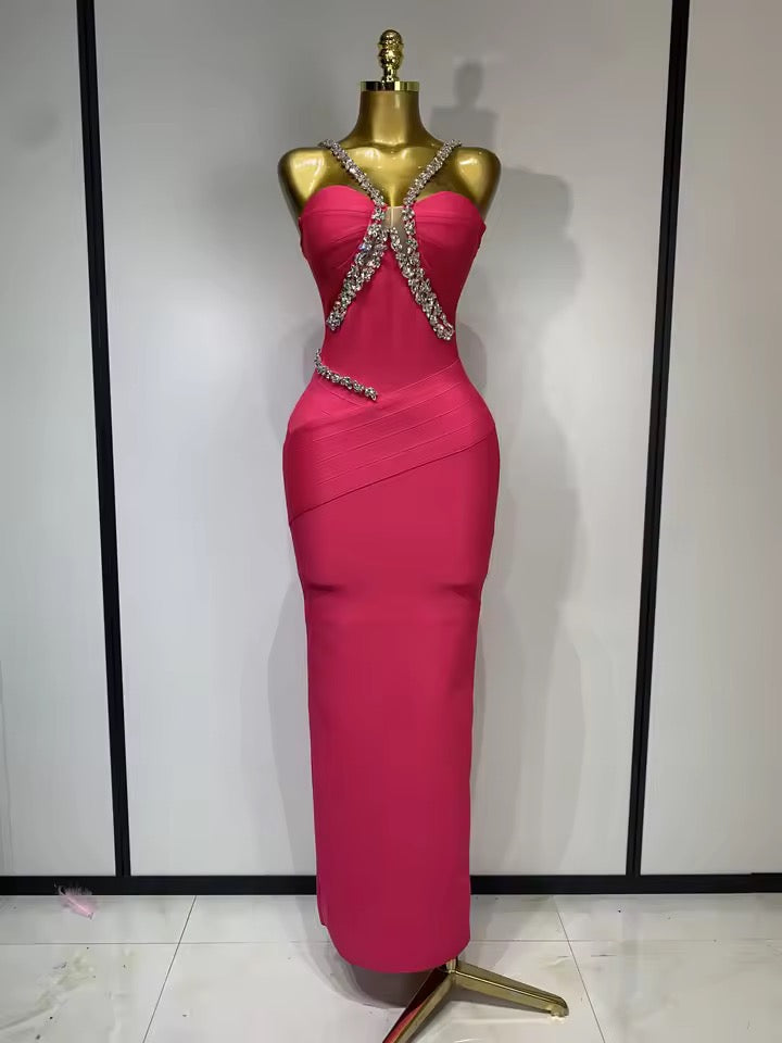 Crystal-Embellished Bandage Midi Dress