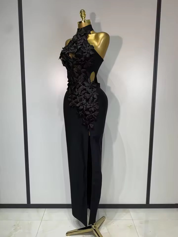 Floral Appliqué Halter Bandage Midi Dress