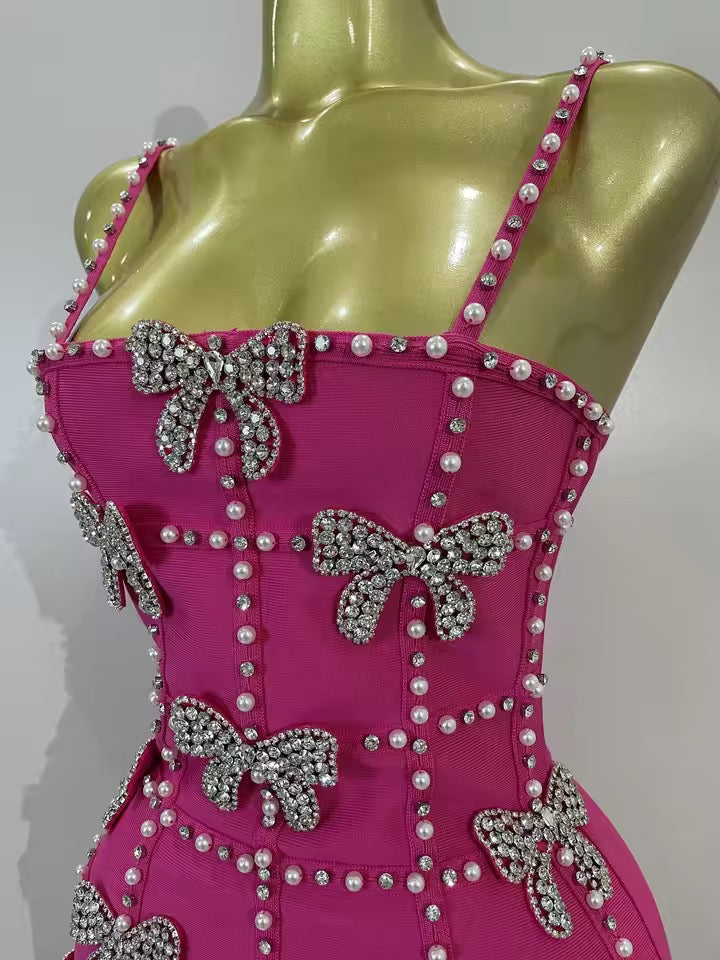 Hot Pink Pearl & Crystal Bow Mini Dress