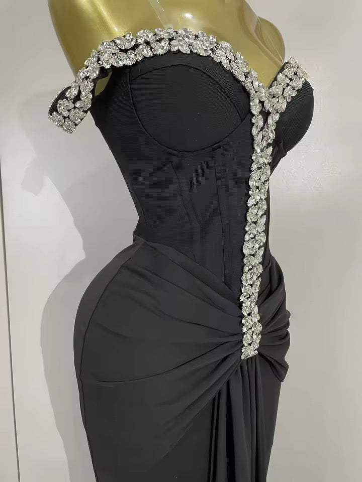 Crystal Embellished Off-Shoulder Maxi Dress – Black