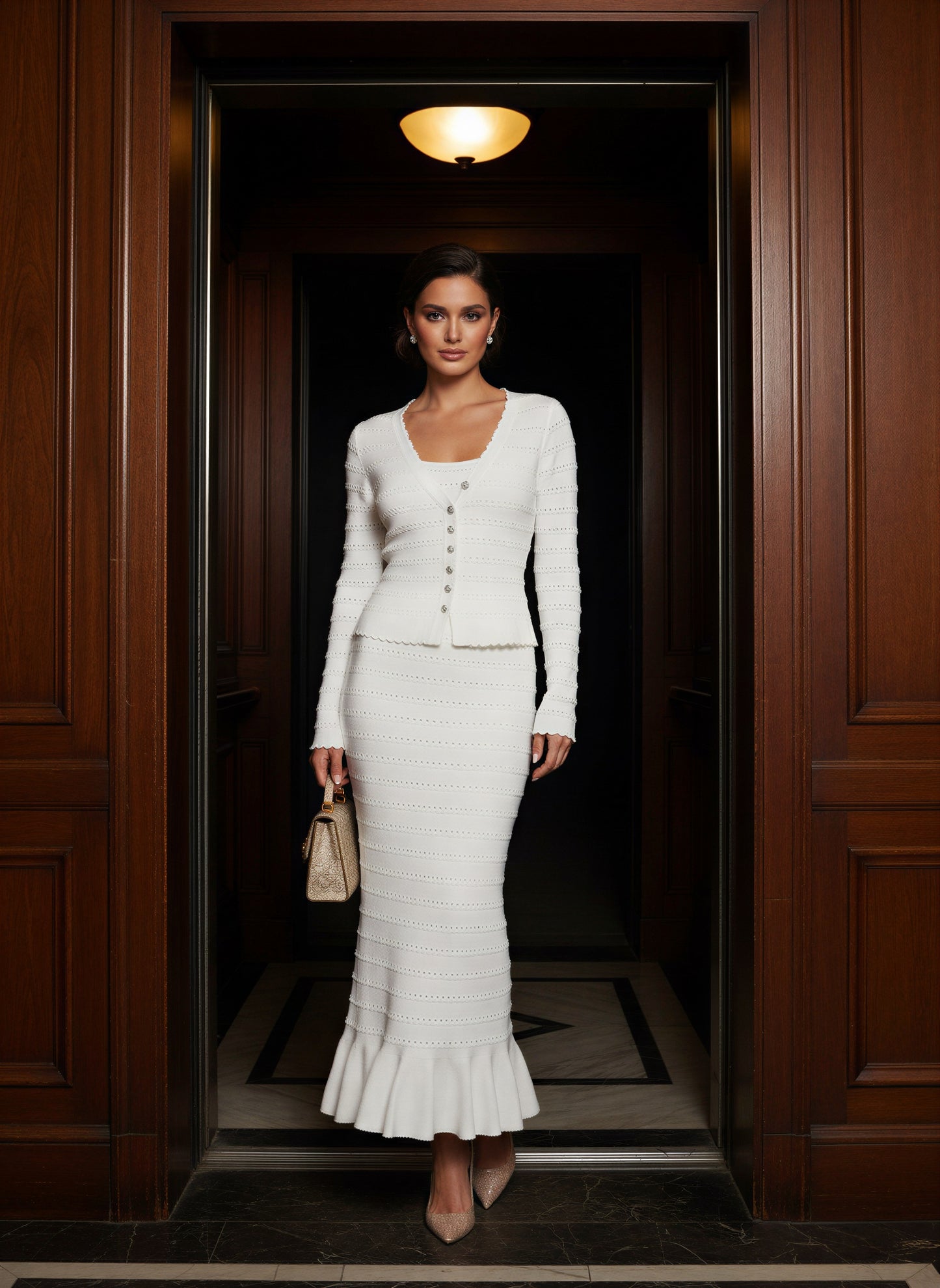 Knitted Lace Rhinestone Top Vest & Camisole with Ruffle Edge Slim Fit Half Skirt Set