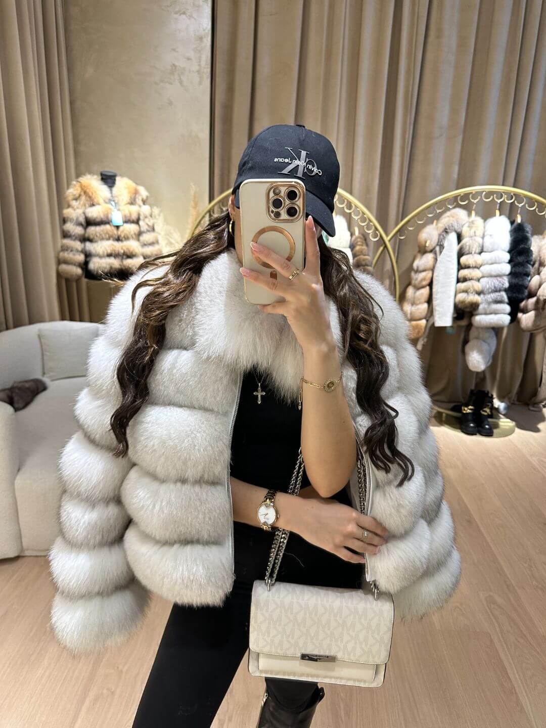 TAMARA FOX FUR GENUINE LEATHER JACKET IN WHITE/GRAY