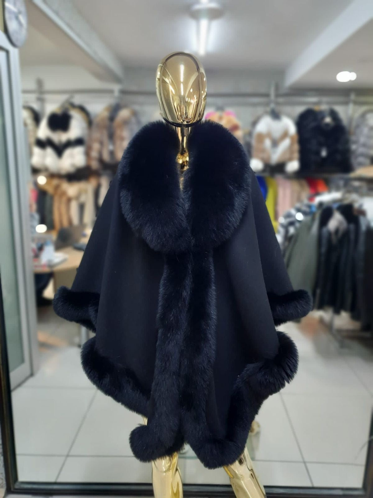 FOX FUR CASHMERE PONCHO IN BLACK COLOR