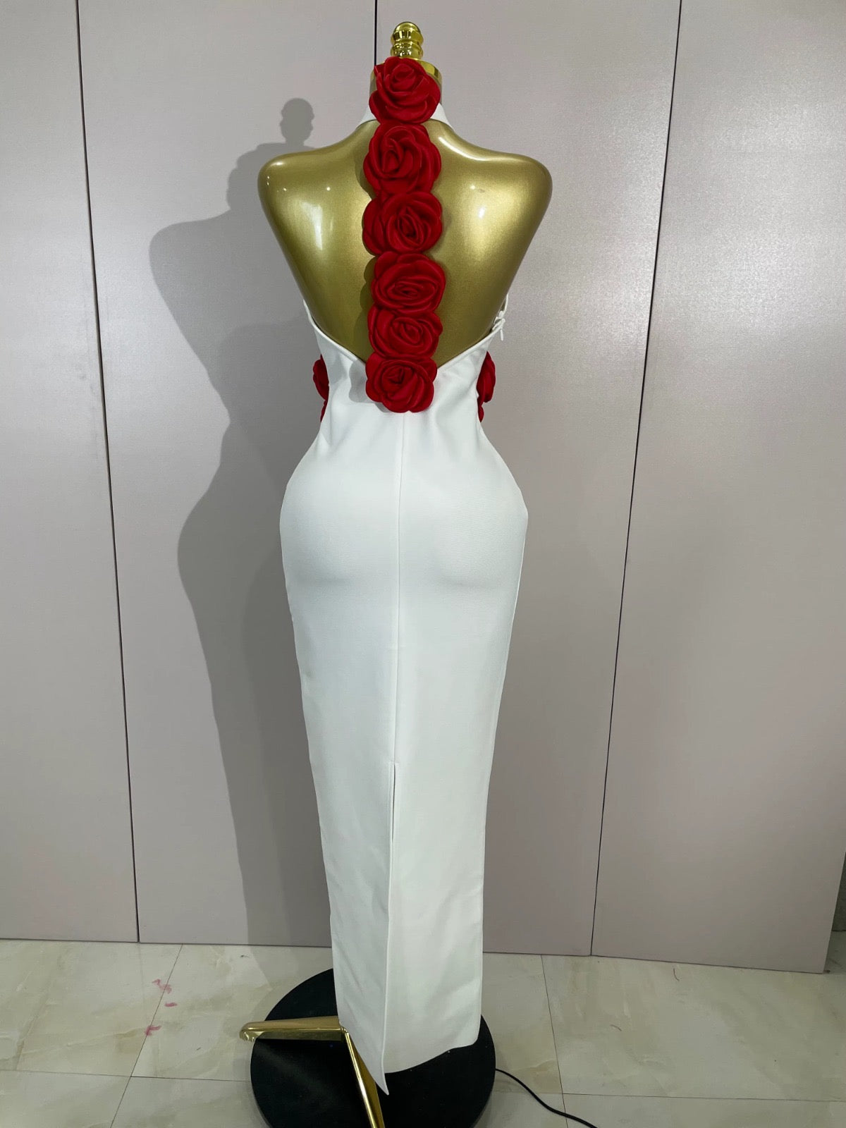 White Rose Detail Halter Midi Dress