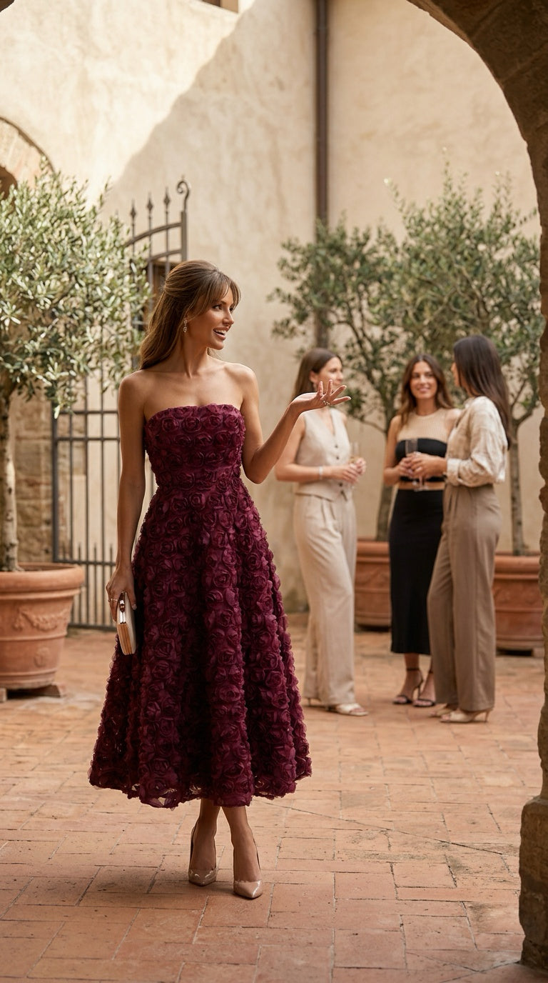 Burgundy 3D Rose Strapless Midi Dress