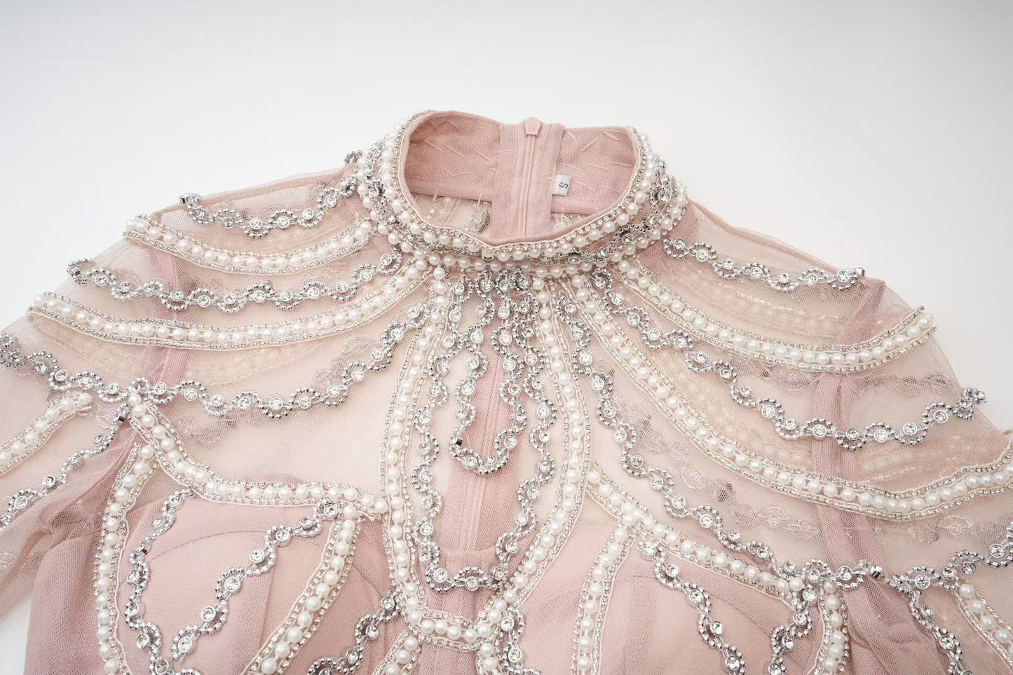 Blush Embellished Tiered Tulle Evening Dress