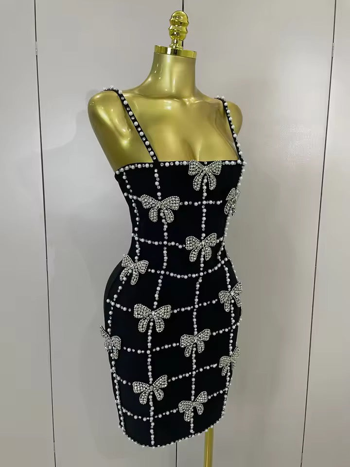 Black Pearl & Crystal Bow Mini Dress