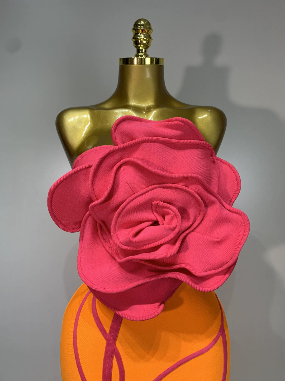 Orange & Pink 3D Rose Bandage Midi Dress