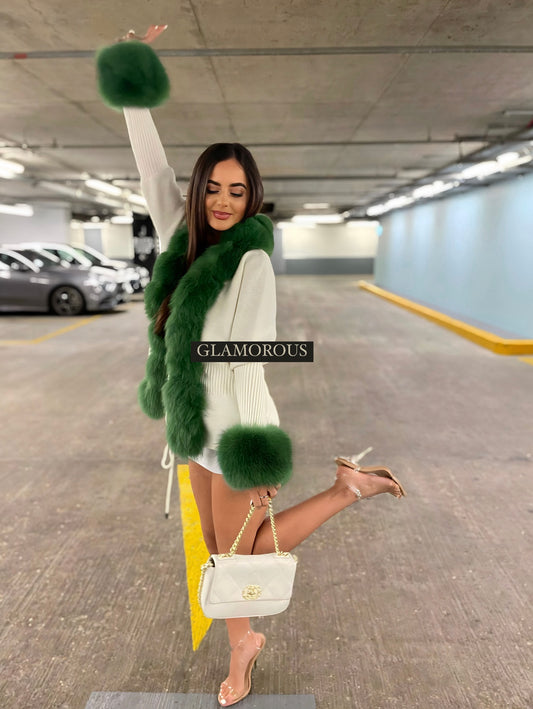 FOX FUR CASHMERE/KNIT SHORT CARDIGAN IN GREEN/OFF WHITE