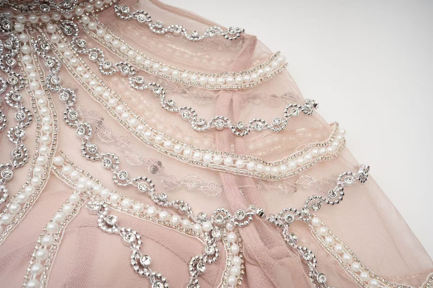 Blush Embellished Tiered Tulle Evening Dress