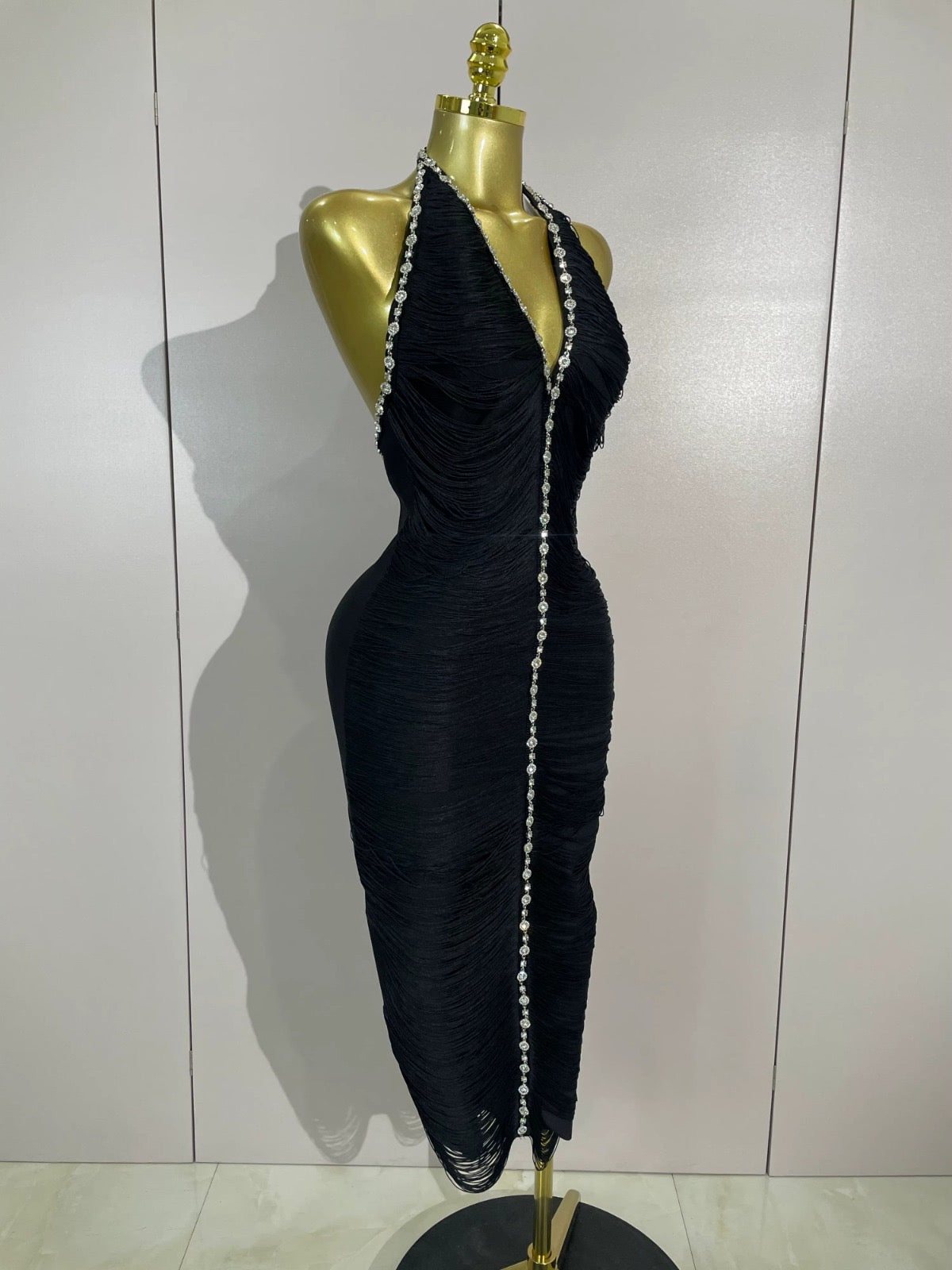 Black Crystal Detail Halter Midi Dress