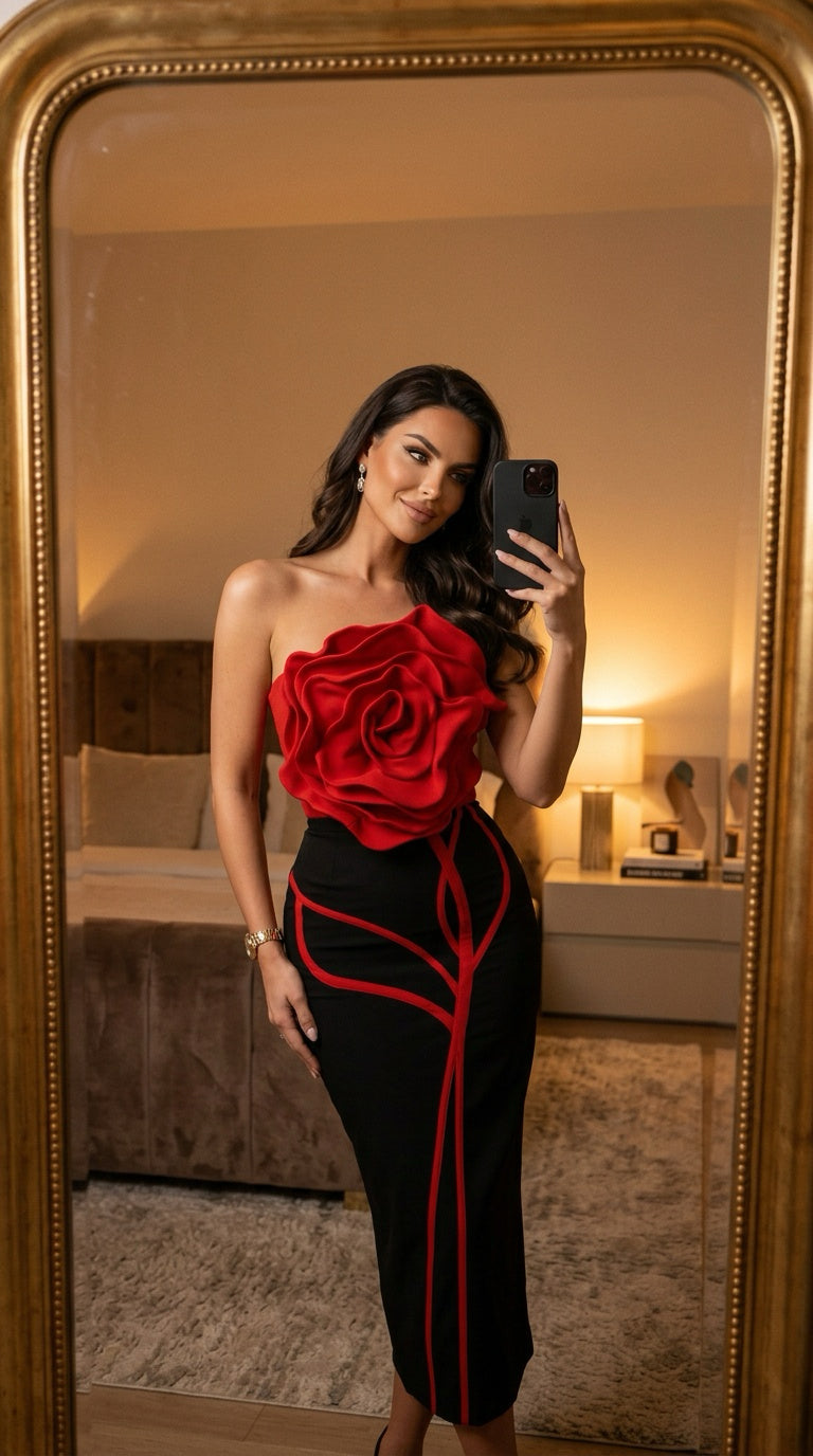 Crimson Bloom Strapless Midi Dress
