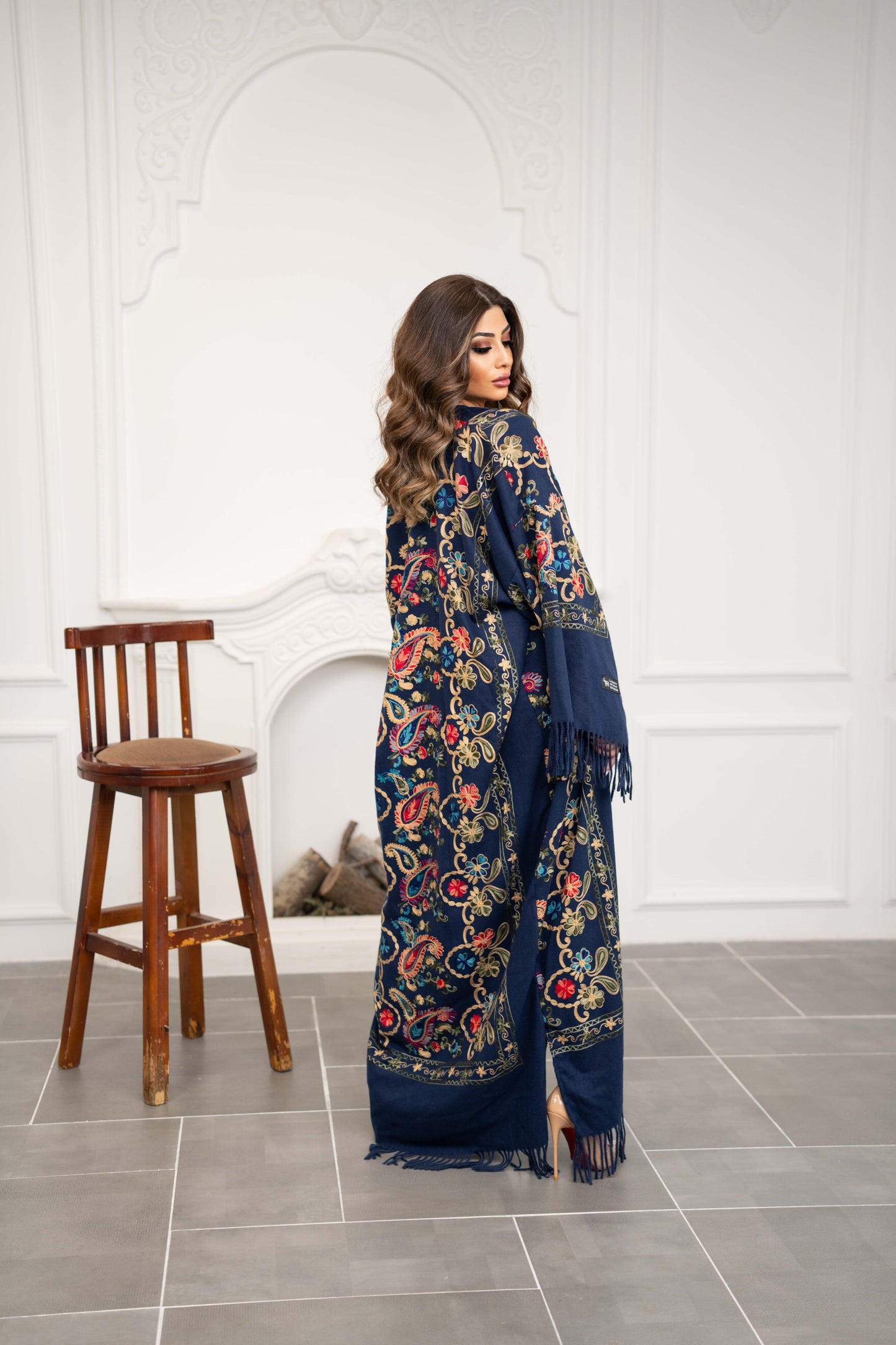 Embroidered Wool Abaya in Navy color