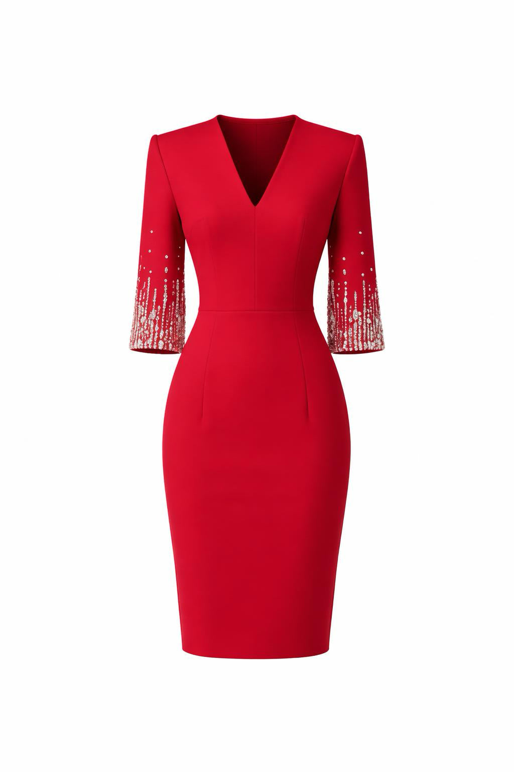 Rhinestone Beaded V-Neck Half Sleeve Knit Midi Dress