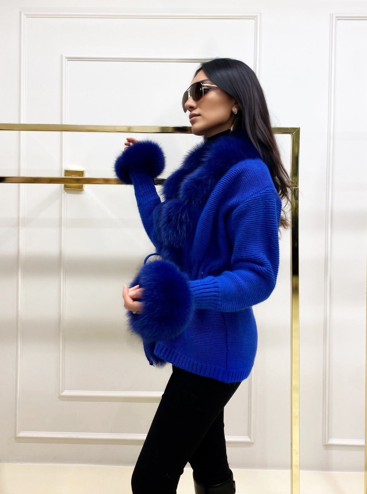 FOX FUR CASHMERE/KNIT SHORT CARDIGAN IN ROYAL BLUE