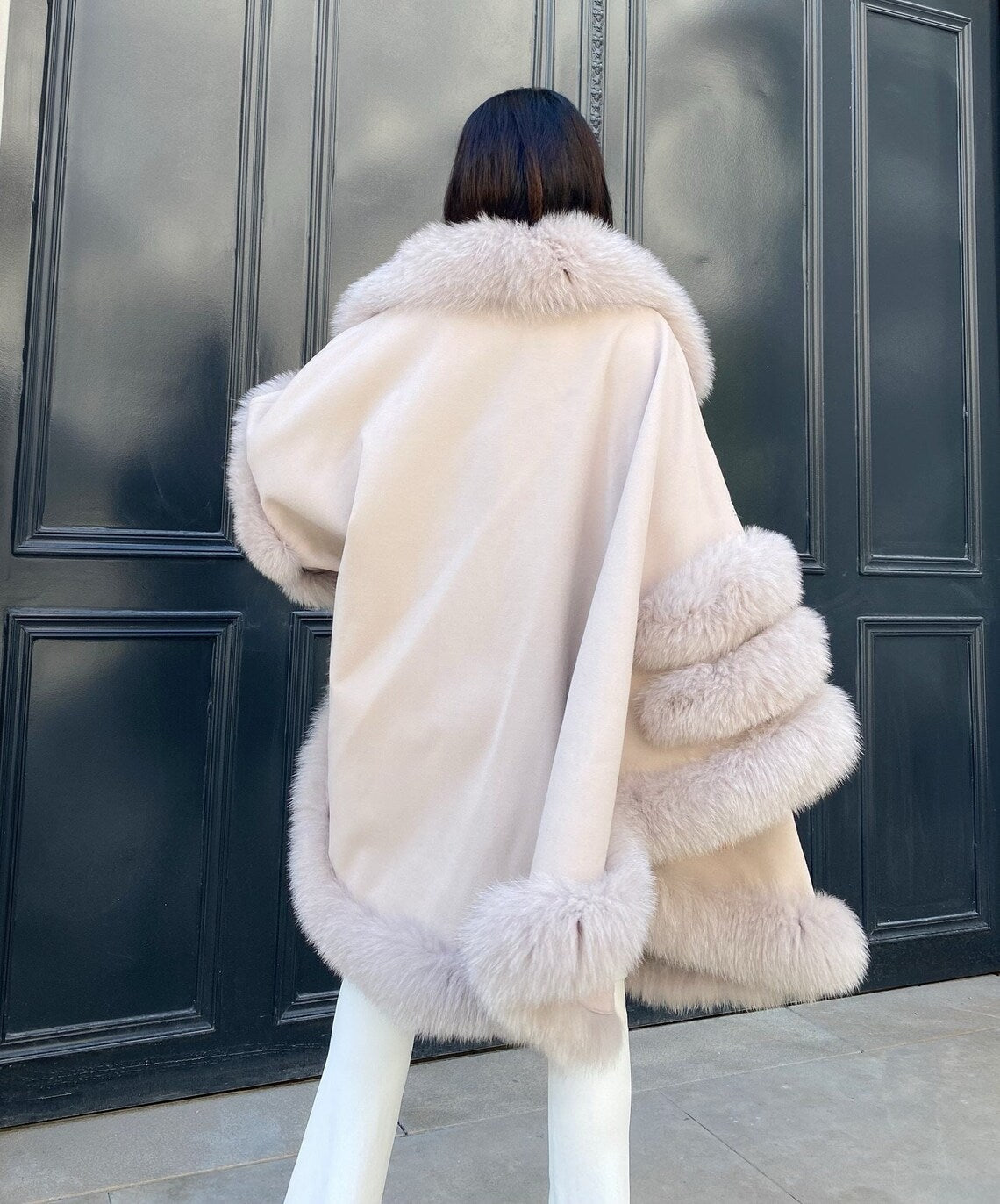 FOX FUR CASHMERE PONCHO IN BEIGE