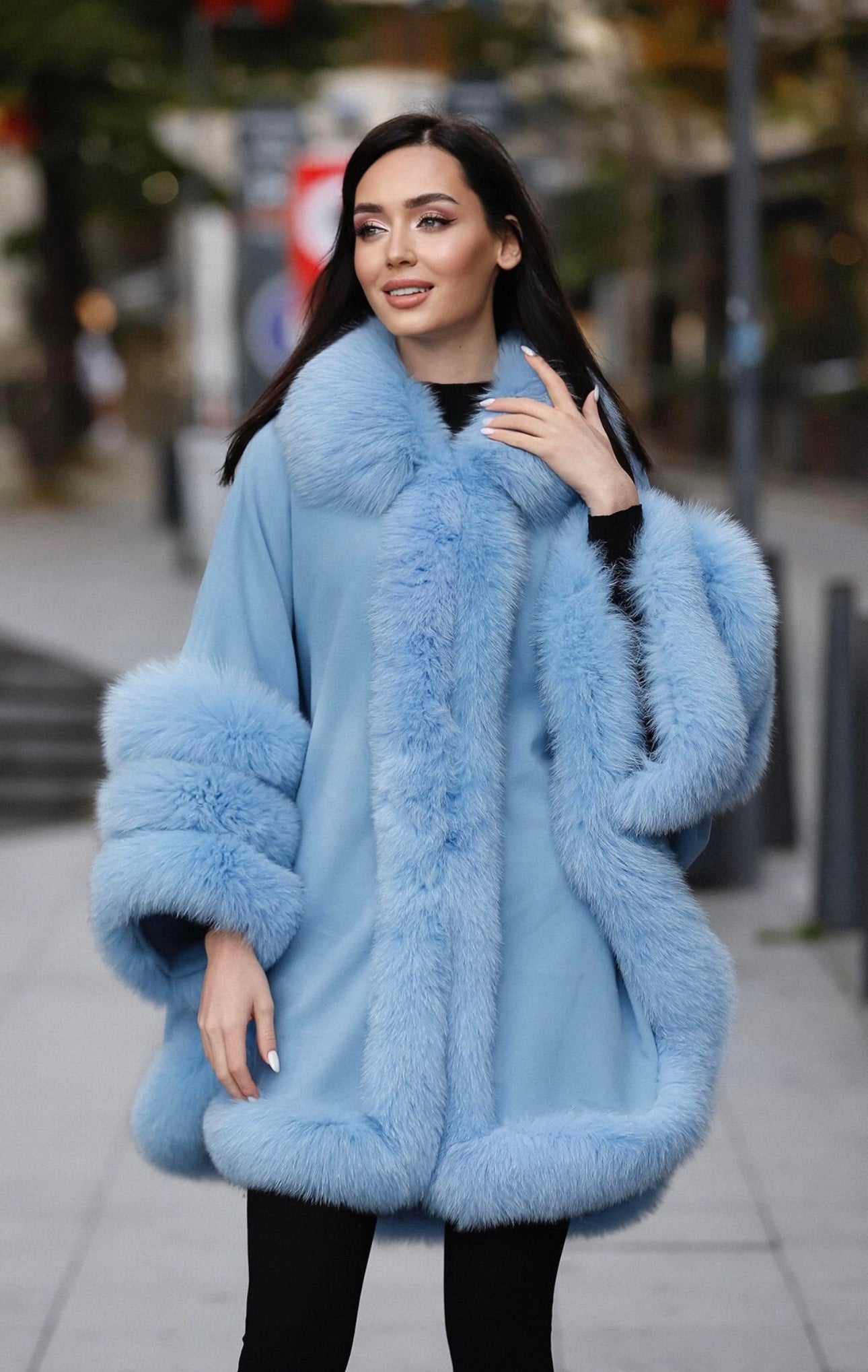 FOX FUR CASHMERE PONCHO IN SKY BLUE