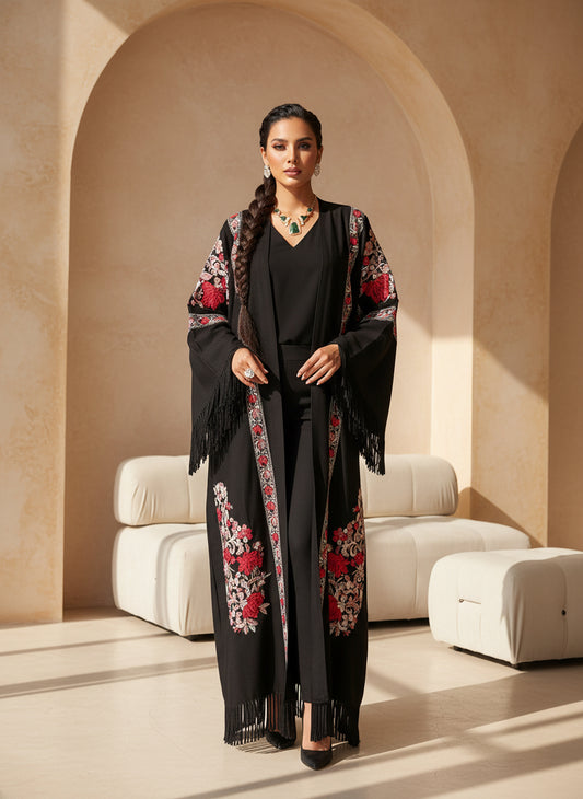 Black Wool Embroidered Abaya – Winter Elegance