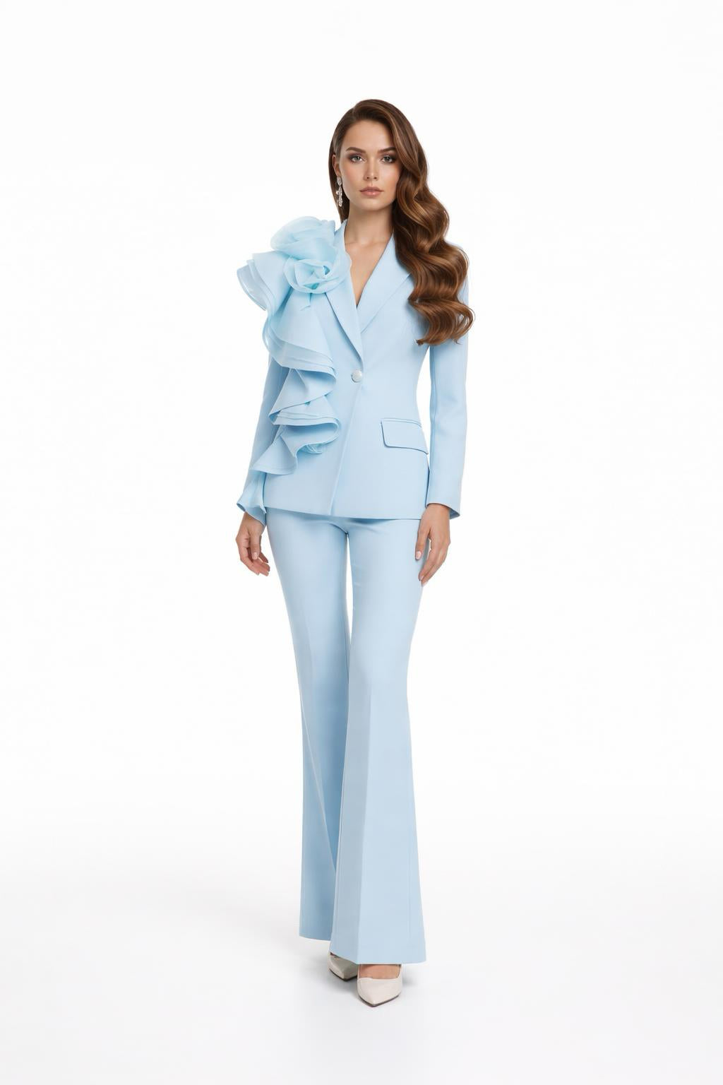 Slim Fit Appliqué Patchwork Two-Piece Pant Set with Lapel Top