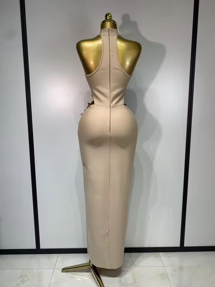 Floral Appliqué Halter Bandage Midi Dress