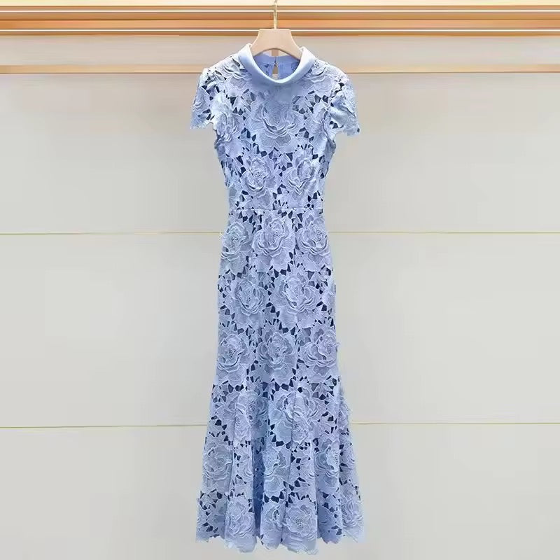 Blue Lace Floral Maxi Dress